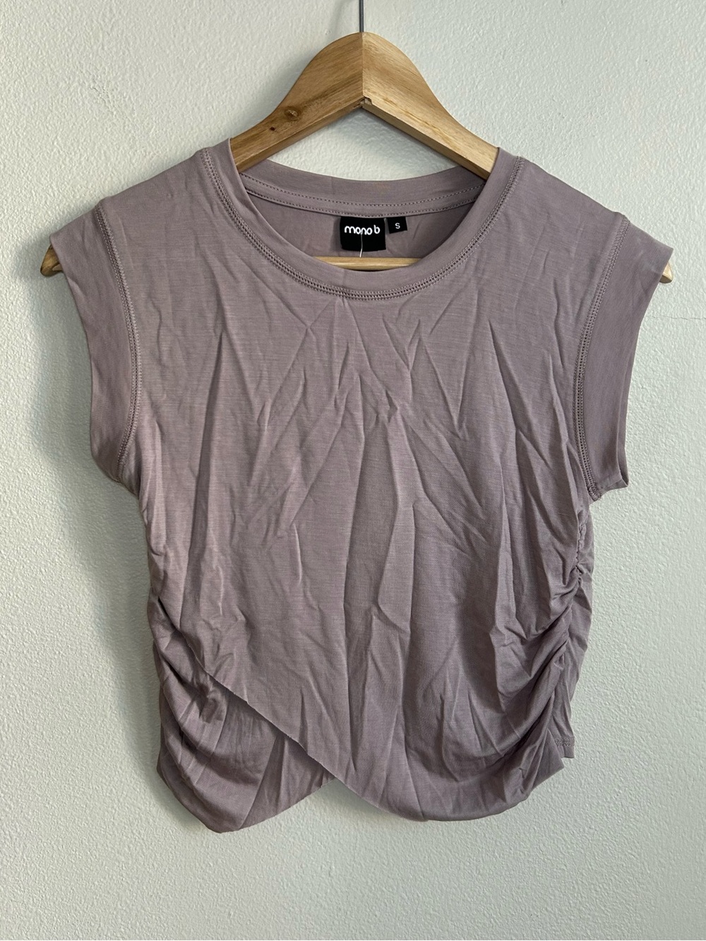 Mono B Dusty Mauve Cap Sleeve Muscle Tee Side Cinch Twist Hem Size S Small - Picture 5 of 8